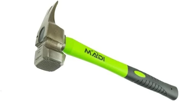 MADI claw milled lineman hammer with milled face for grip on nail heads and claw end for pulling staples from crossarms and poles.