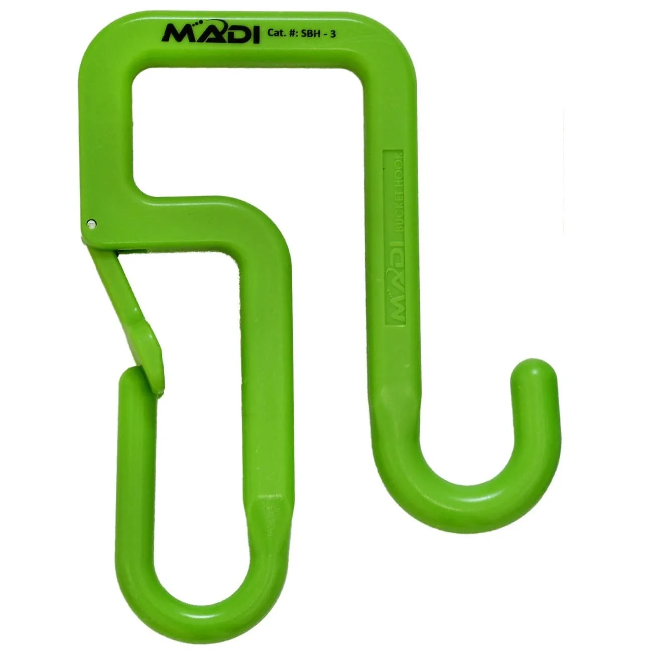 MADI 3-inch safety bucket hook for hanging tool bags and canvas buckets from the aerial bucket during line work.