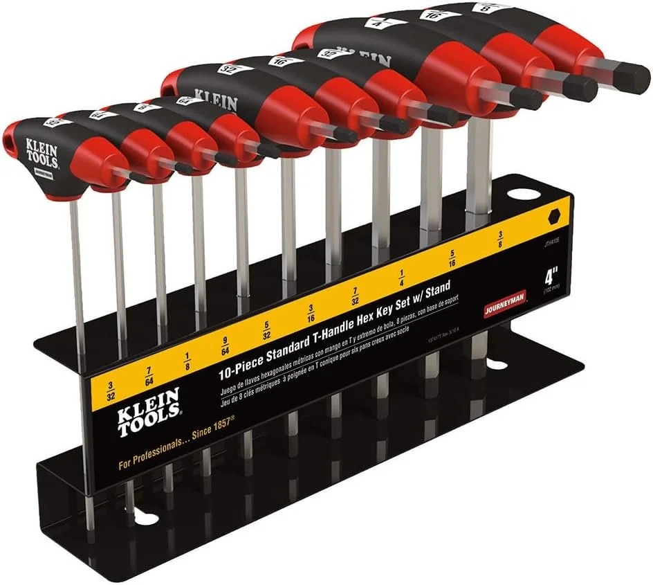 Klein Tools JTH410E T-handle hex key set for extra torque on set screws in tap connectors, equipment lugs, and meter bases.