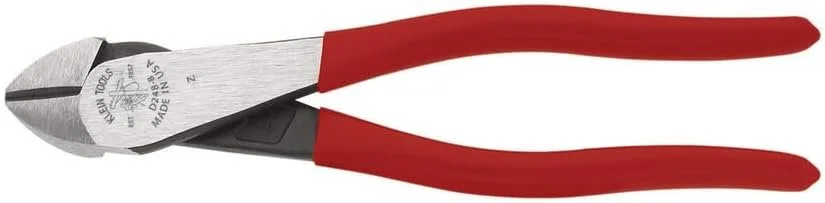 Klein Tools D248-8 diagonal cutting pliers with angled head for access in tight spots when trimming tie wire and small conductors.
