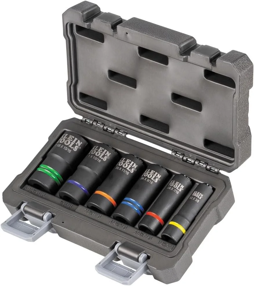 Klein Tools 66090 half-inch 2-in-1 slotted impact socket set fitting two sizes per socket for use with utility impact wrenches.