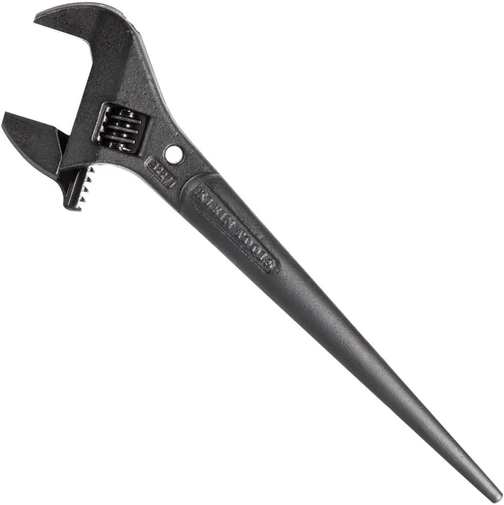 Klein Tools 3227 extra wide adjustable spud wrench with tapered handle for aligning bolt holes on crossarms and steel structures.