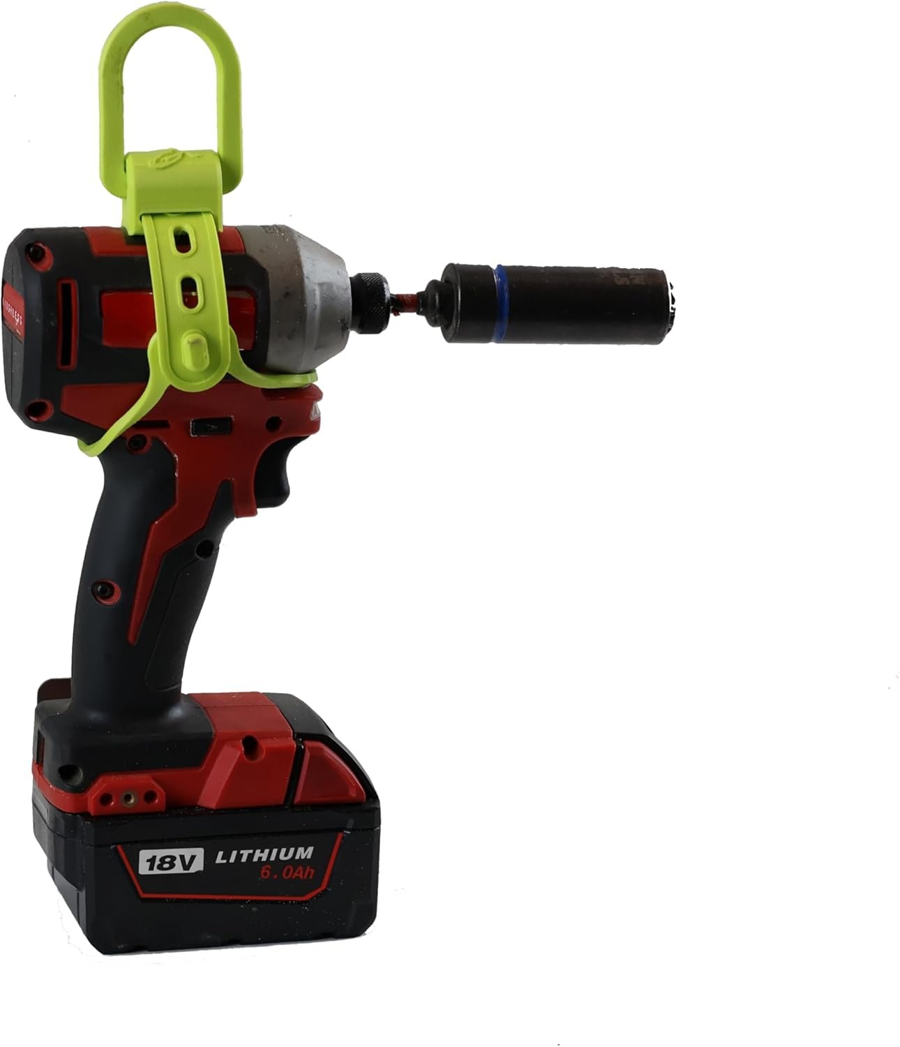 Super Drill Hanger securely holding an impact wrench inside a lineman bucket truck for hands-free storage during aerial work.