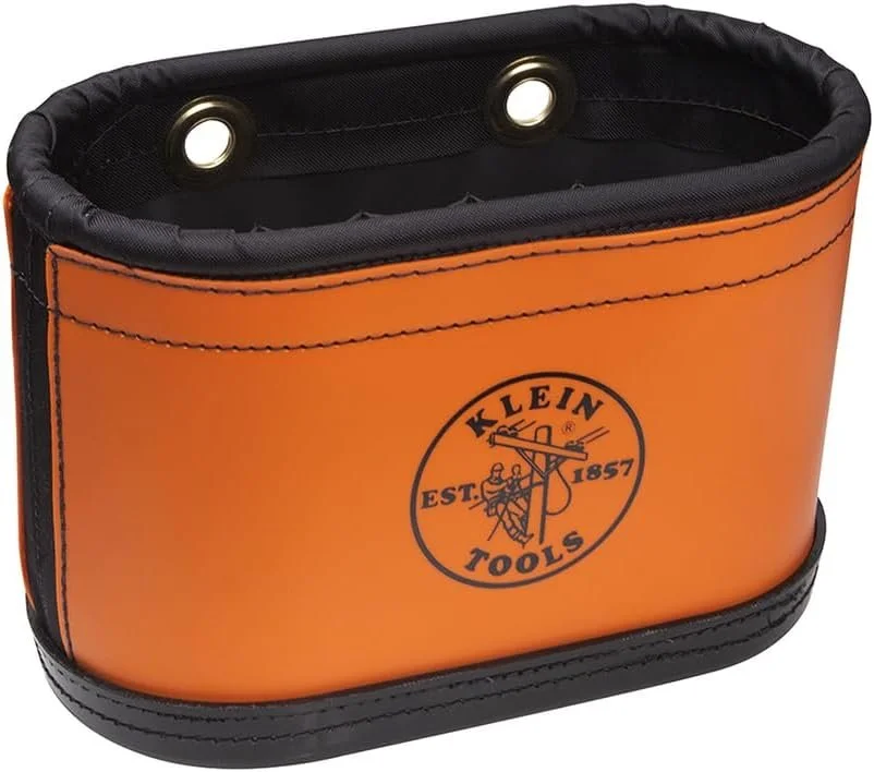 Klein Tools 5144BHB oval hard-body bucket tool organizer with multiple pockets for pliers, screwdrivers, and cutters.
