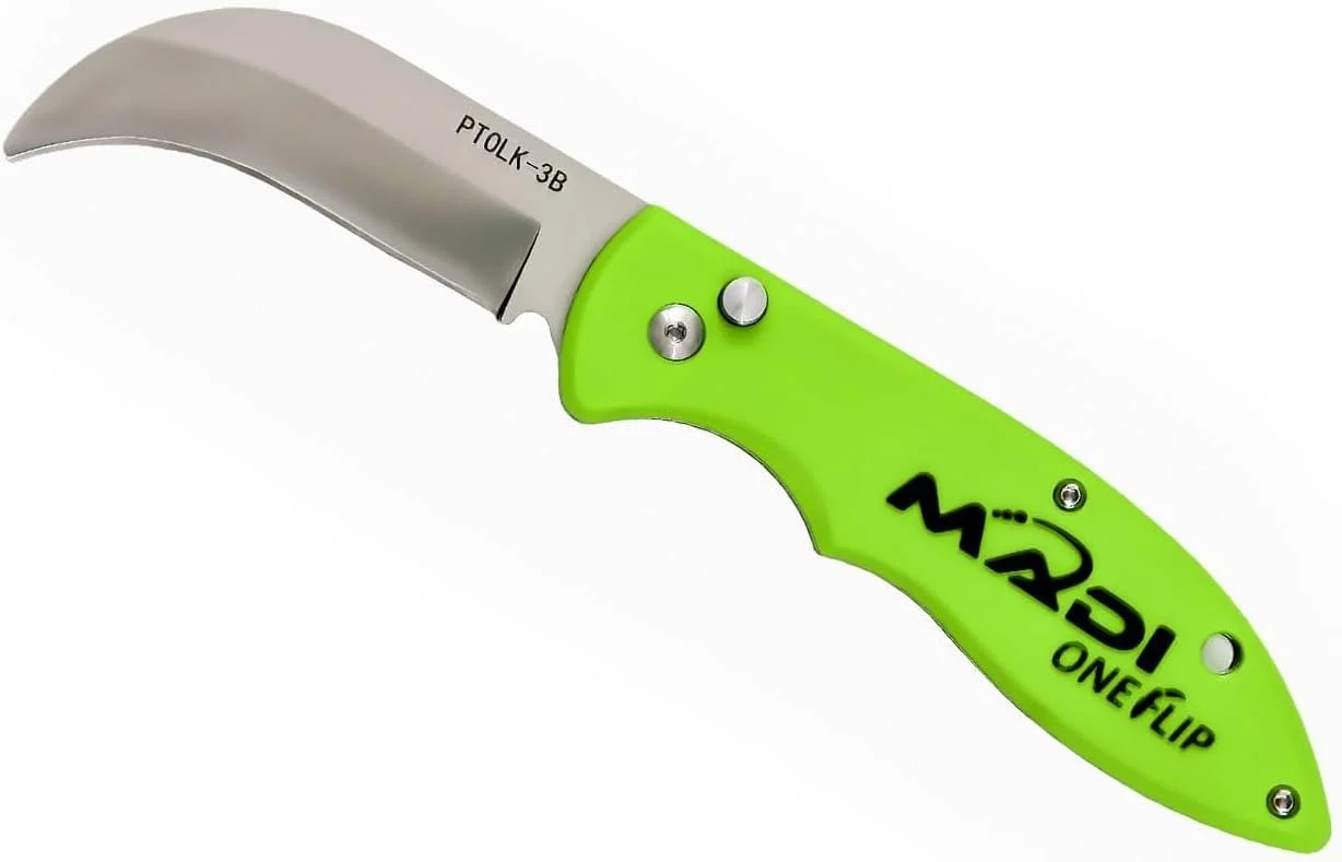 MADI PTOLK-3B OneFlip lineman knife with hawkbill blade for one-handed opening and clean insulation stripping.
