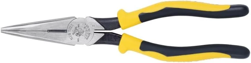 Klein Tools J203-8 8-inch needle nose pliers with crosshatch jaw for reaching tight spaces and gripping small hardware.