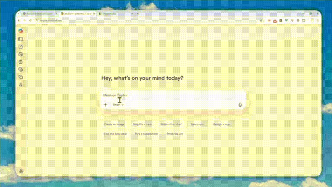 Screenshot of a Microsoft Edge browser window showing the Microsoft Copilot Shopping interface with the text "Hey, what’s on your mind today?" and a message box for writing a new note, against a background of a blue sky with scattered clouds.