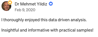 Screenshot of a post by Dr. Mehmet Yildiz from February 9, 2020, praising data-driven analysis and practical samples.