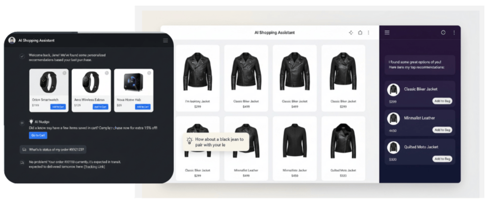 Screenshots of an AI shopping assistant interface displaying product recommendations for jackets, including leather and moto jackets, with options to add to cart, and sections showing smartwatches and a Nova home hub.