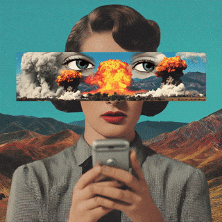 A woman with vintage hairstyle and makeup holds a smartphone, with a surreal image of an explosion and clouds in front of her eyes, mountains in the background.