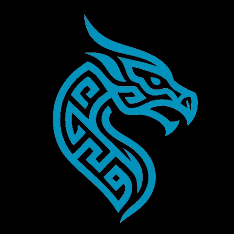 Blue stylized dragon illustration with intricate maze-like patterns on a black background.
