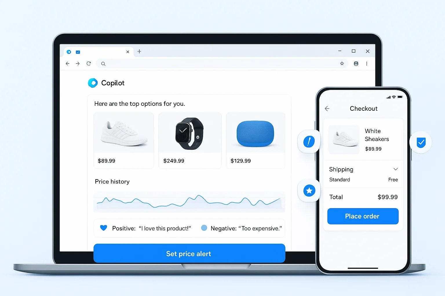 A laptop and smartphone display an online shopping interface showing product options, price history graph, and checkout screen on Microsoft Copilot.