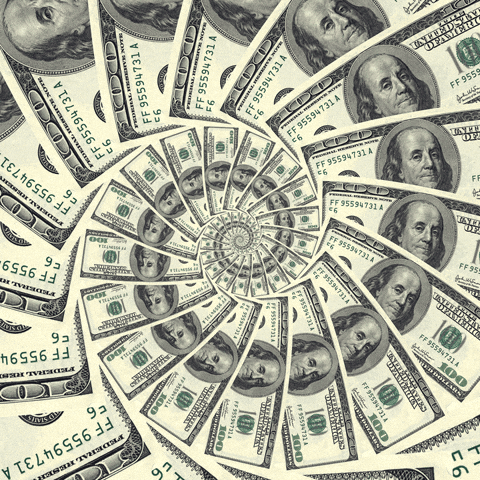 A spiral pattern of 100-dollar bills arranged in a swirling design.