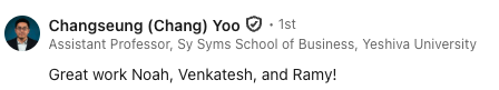 Screenshot of a LinkedIn post praising Noah for his great work.