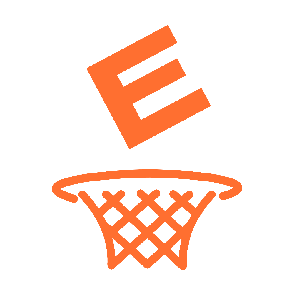Orange basketball hoop with falling letter E logo against a black background.