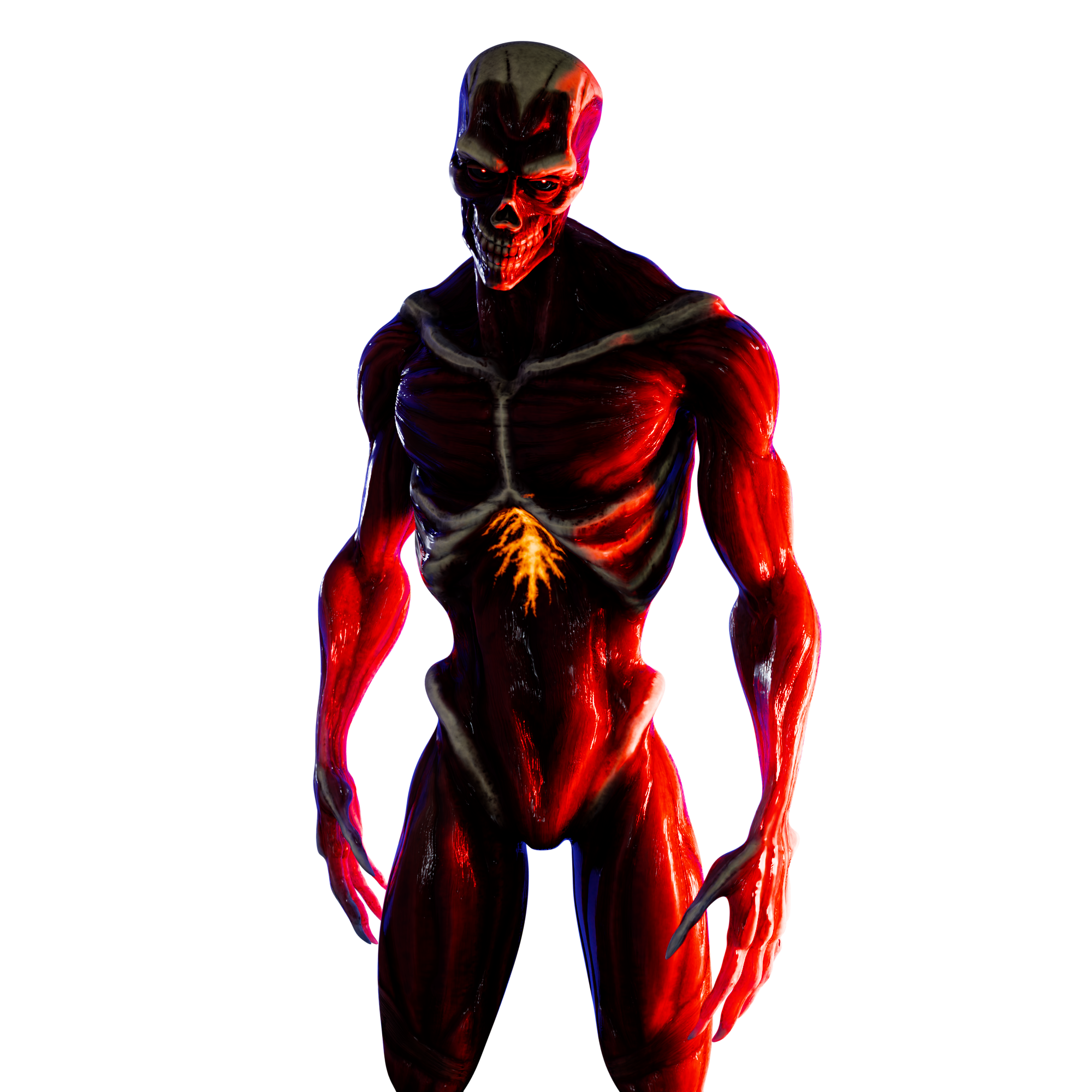 A sinister humanoid figure with a skull-like face, muscular vividly red and black body, and a sharp claw in one hand, standing against a vibrant pink and purple background.