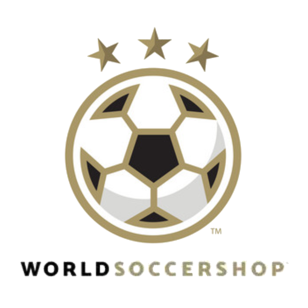 A logo featuring a stylized soccer ball with gold outlines, three silver stars above, and the text "WORLD SOCCER SHOP" below.