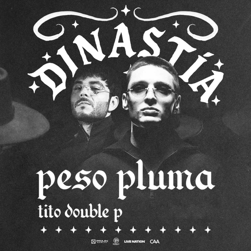 Black and white promotional poster featuring two men wearing sunglasses, with the word "DINÁSTIA" at the top, "peso pluma" in the middle, and "tito double p" below, along with logos of various organizations at the bottom.