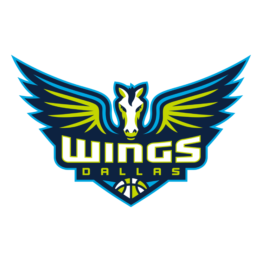 logo of Dallas Wings basketball team featuring a stylized winged horse head with the word 'WINGS' in bold, the word 'DALLAS' below, and a basketball at the bottom.