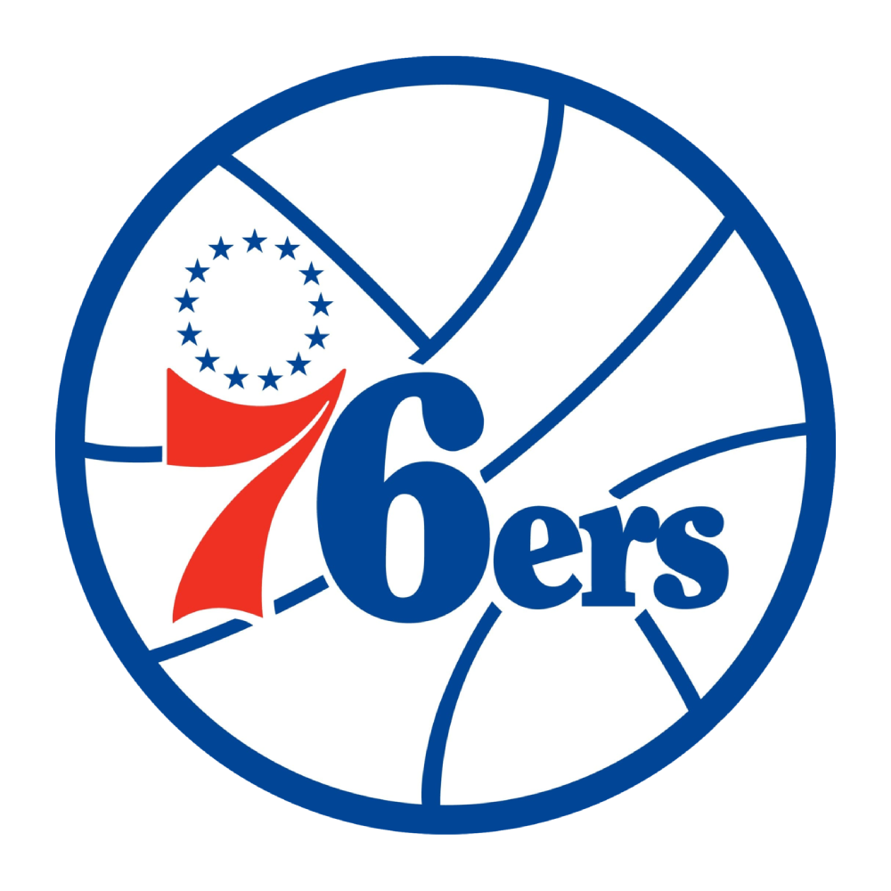 Logo for 76ers, a professional basketball team, featuring a circular design with the number 76 and the word 'ers', a red, white, and blue color scheme, and an arrangement resembling a basketball.