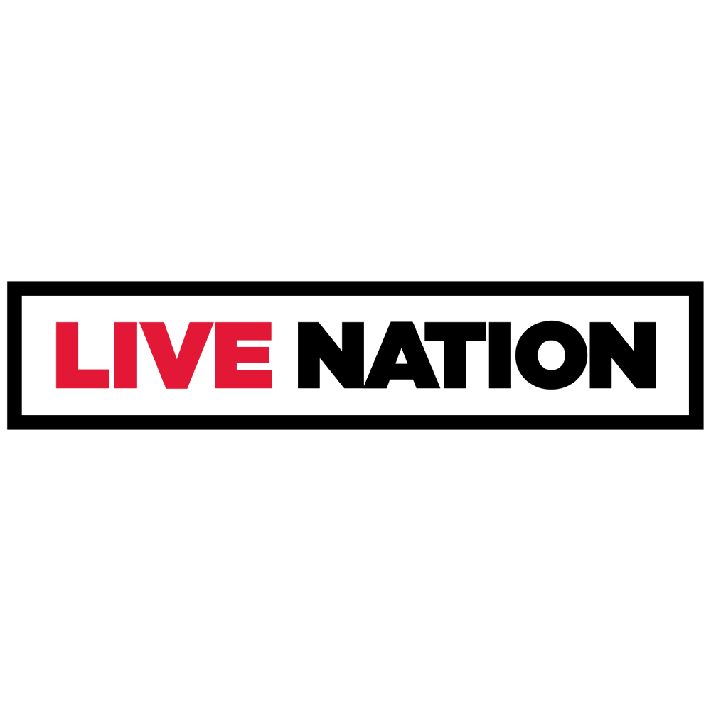 Black background with a white rectangle containing the words 'LIVE NATION,' with 'LIVE' in red and 'NATION' in black.