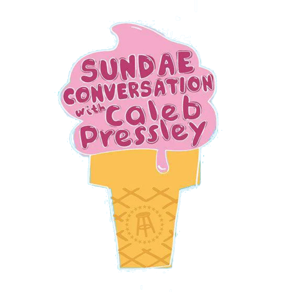 Illustration of an ice cream cone with pink ice cream shaped like a speech bubble, containing the text 'Sundae Conversation with Caleb Pressley'.