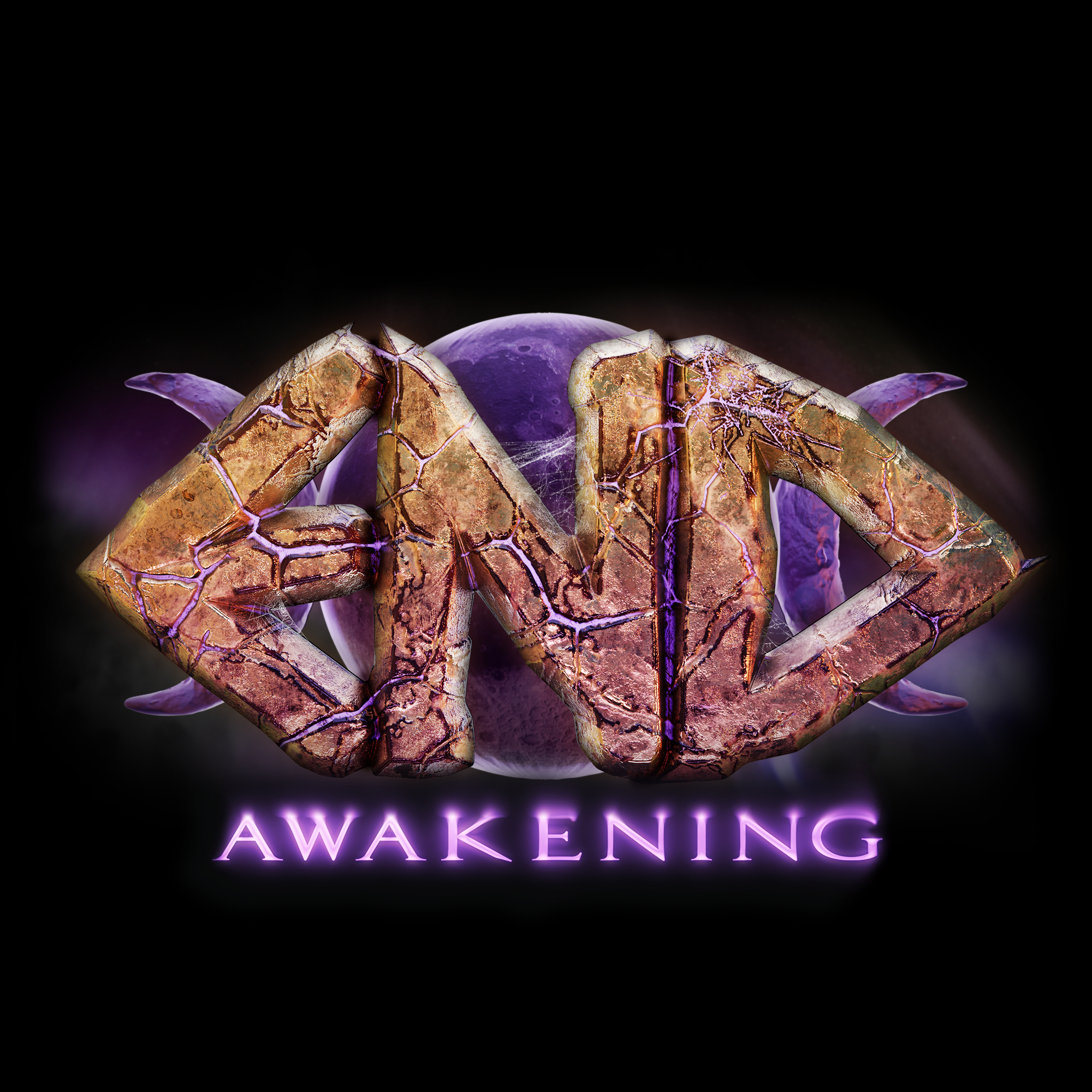 A stylized logo with a cracked, metallic 'M' and 'W' intersecting, set against a purple moon and dark background. The word 'AWAKENING' appears below in glowing purple letters.