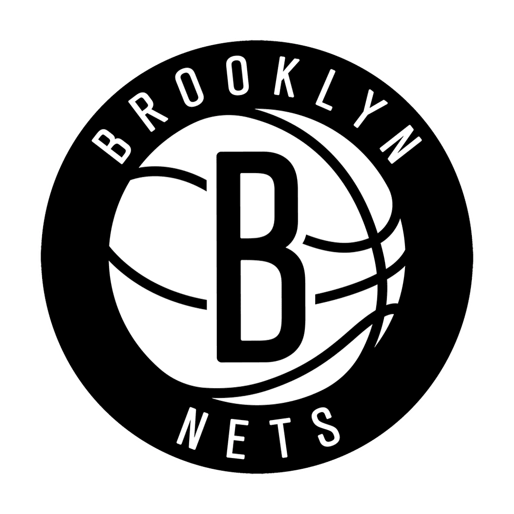 Black and white Brooklyn Nets logo featuring a stylized basketball with a large letter B in the center and the words Brooklyn Nets curved around the ball.