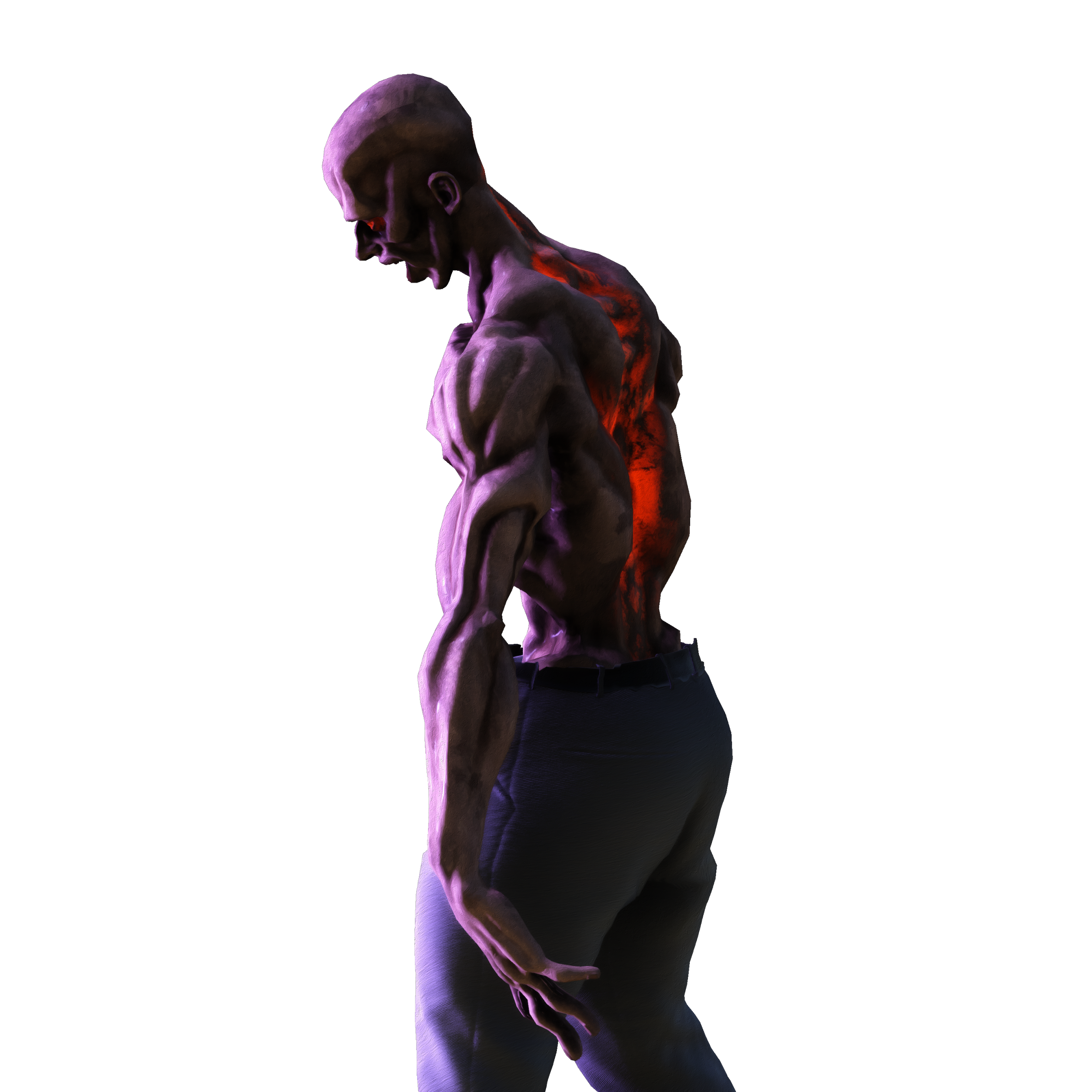 A muscular man with a shaved head viewed from the side, shirtless, with red and purple lighting illuminating his body against a black background.