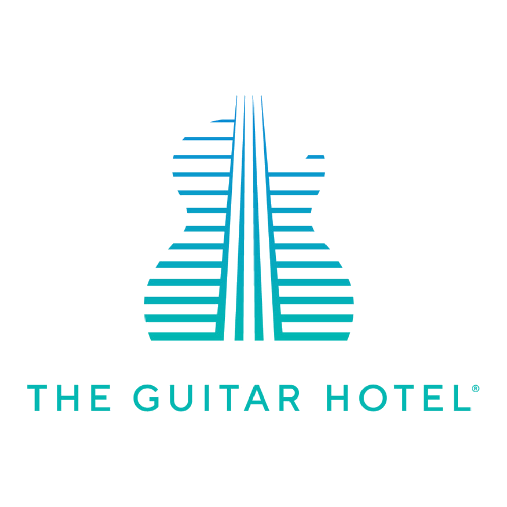 Logo of The Guitar Hotel, a large modern hotel building with blue and white lighting, with the text 'The Guitar Hotel' at the bottom.