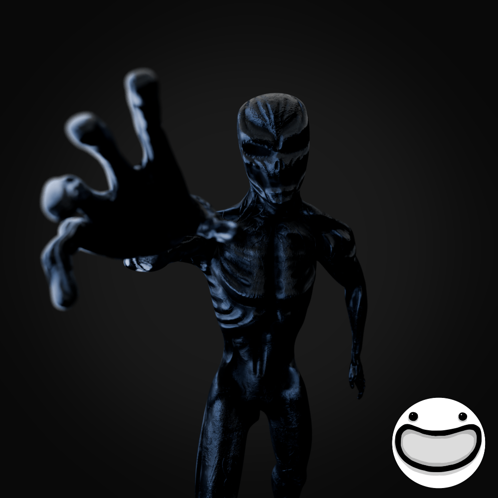 A sci-fi styled humanoid figure in a dark, shiny, black suit with a mask, reaching forward with its hand in a dark background.