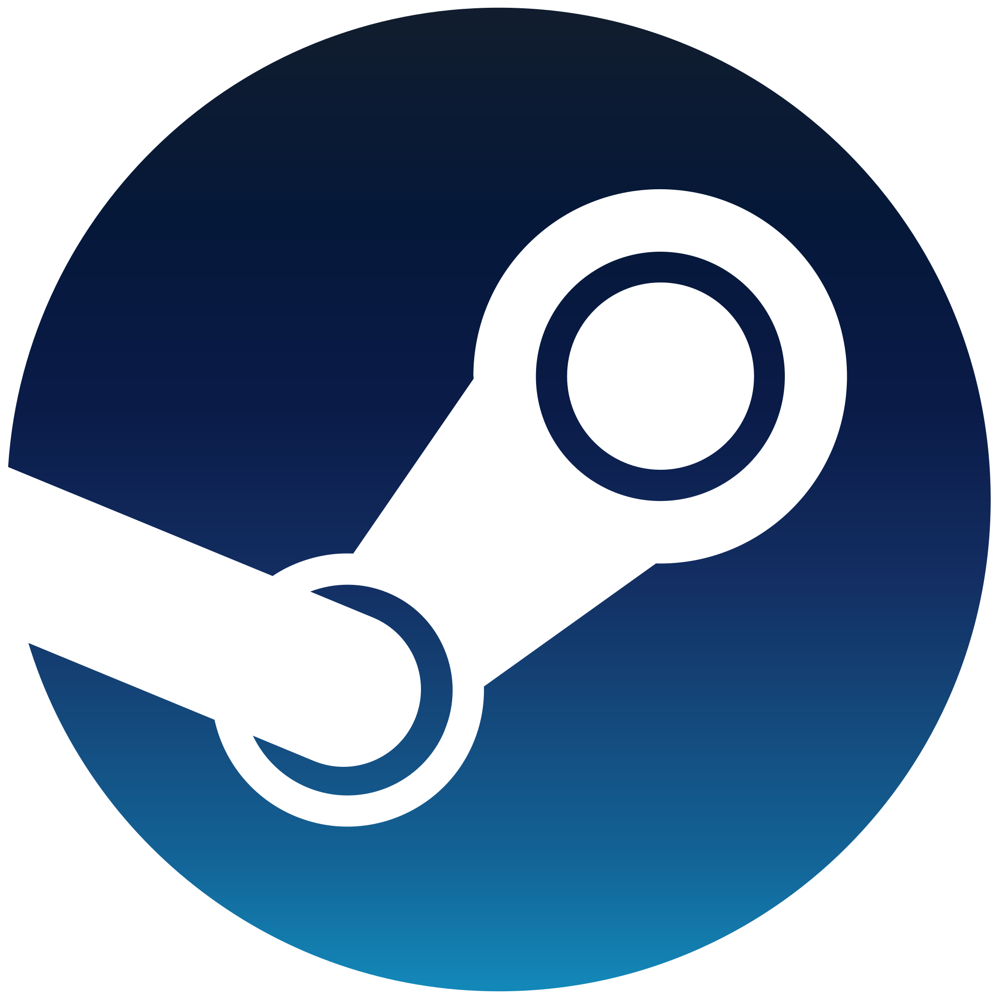 Steam logo featuring a stylized white shape resembling a valve or piston on a dark blue circular background.