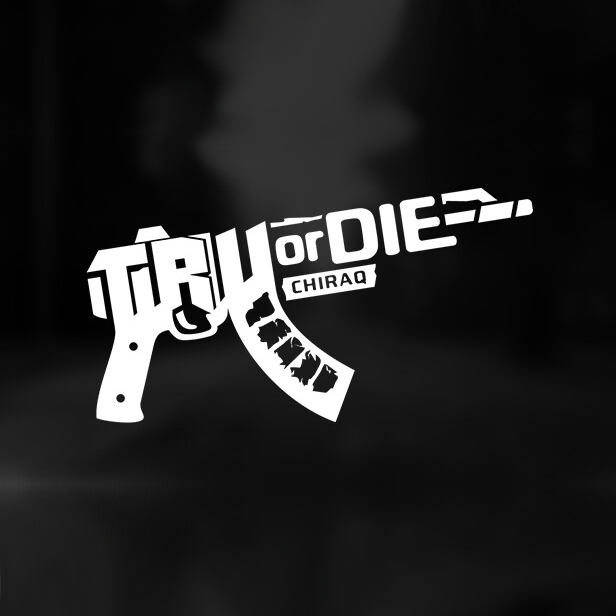 Graphic design featuring a stylized gun with the words "Trust or Die" and "Chiraq" integrated into the design, in black and white.