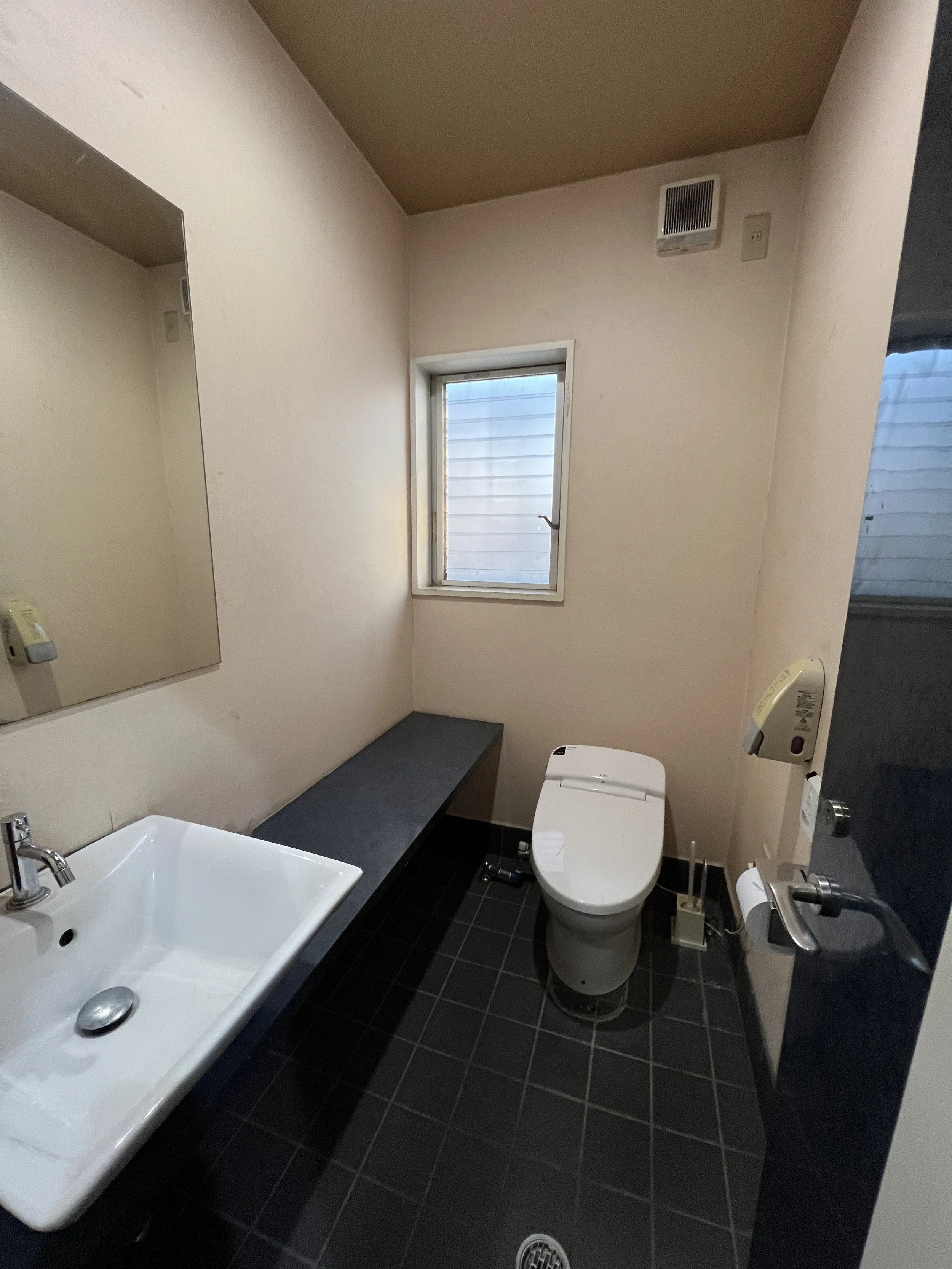 小さなトイレの部屋、便器と洗面台、鏡、窓と空気清浄機があります。