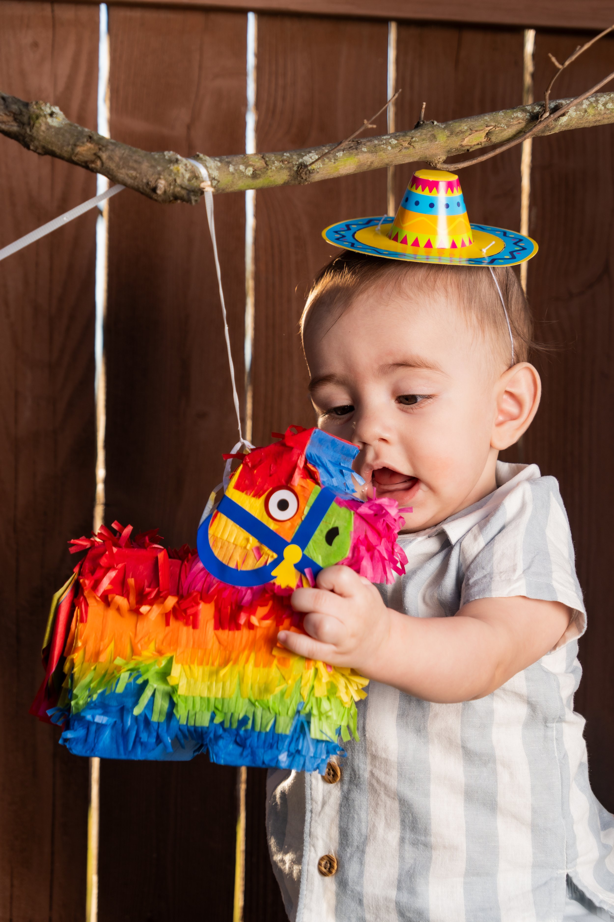 A young child wearing a colorful sombrero hat, holding a rainbow piñata shaped like a horse, with a wooden fence background.