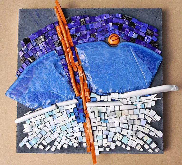 Mixed media mosaic-art of a dragonfly with blue wings, orange body, and white textured tail, on a gray background