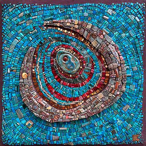 A mosaic artwork resembling an eye surrounded by a blue background made of small, colorful tiles.