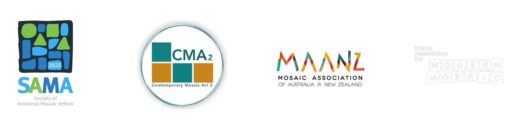 Logos of Society of American Mosaic Artists, Conservatory of Mosaics, MAMMA, and British Association for Modern Mosaic.