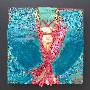 A mosaic artwork of a heart with blue wings, a human figure at the center, and a colorful background.