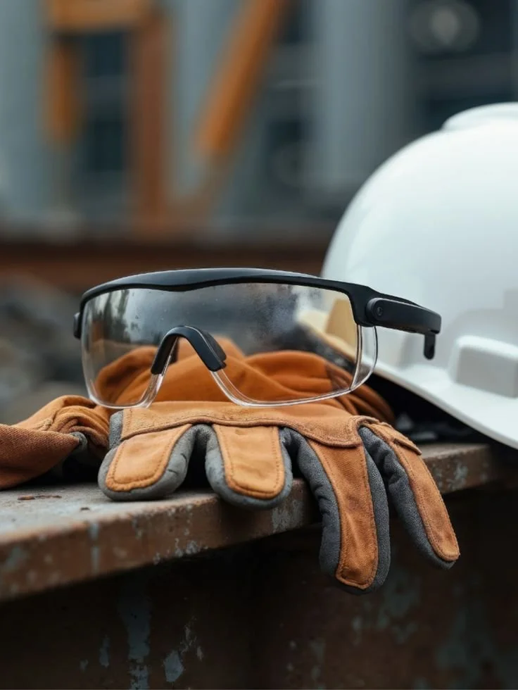 Safety goggles resting on a pair of work gloves with a white construction helmet in the background.