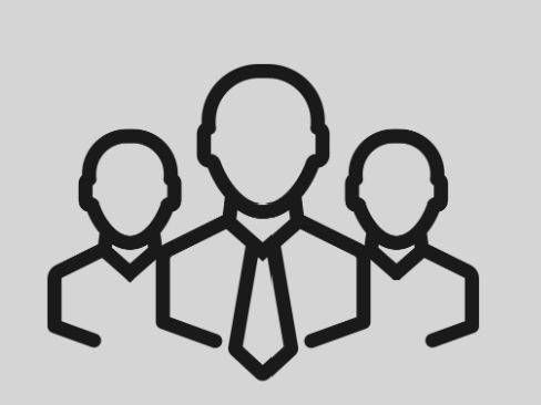 Outline of three businesspeople, one in the center wearing a tie, on a gray background.
