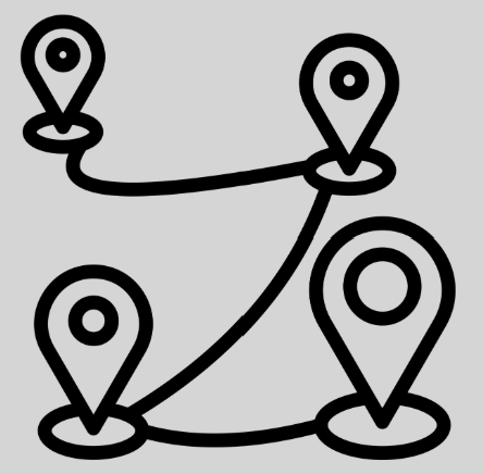 Line drawing of a map with five location pins connected by lines.