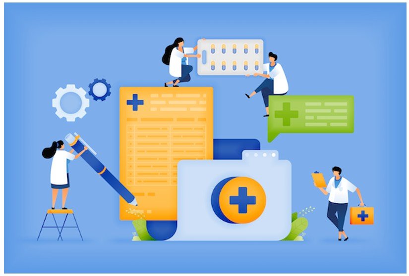 Illustration of medical professionals collaborating with medical documents, gears, and healthcare symbols against a blue background.