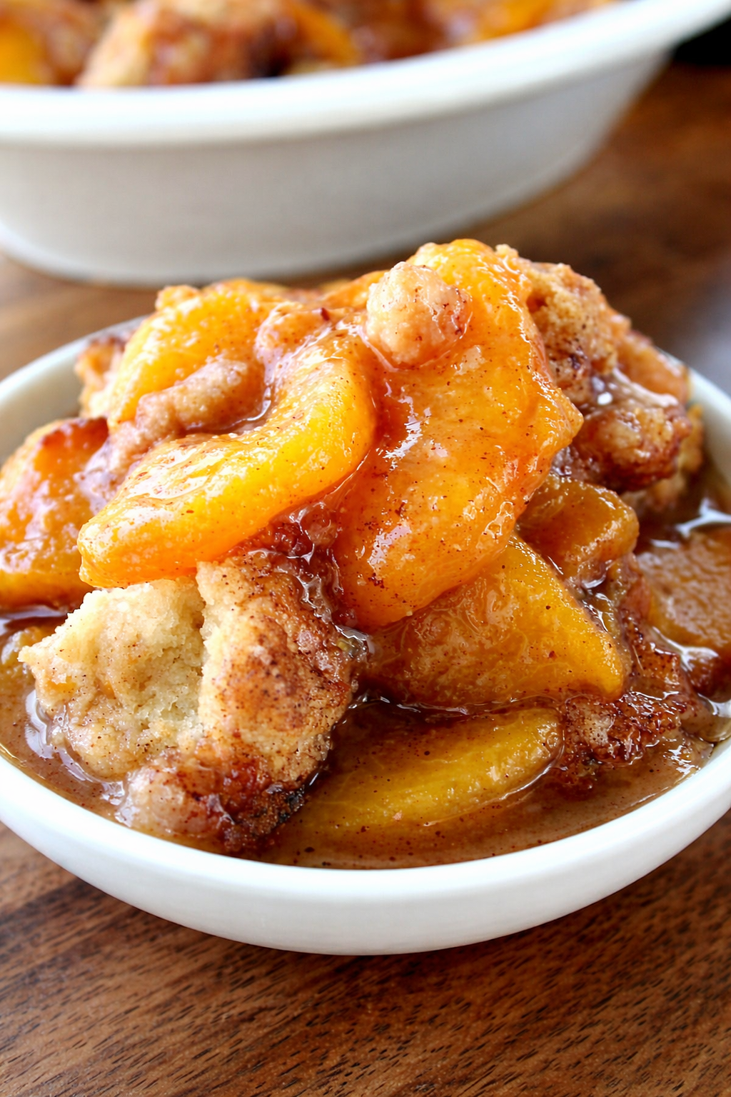 Close-up of a bowl of peach cobbler with peaches, breadcrumbs, and caramelized topping.