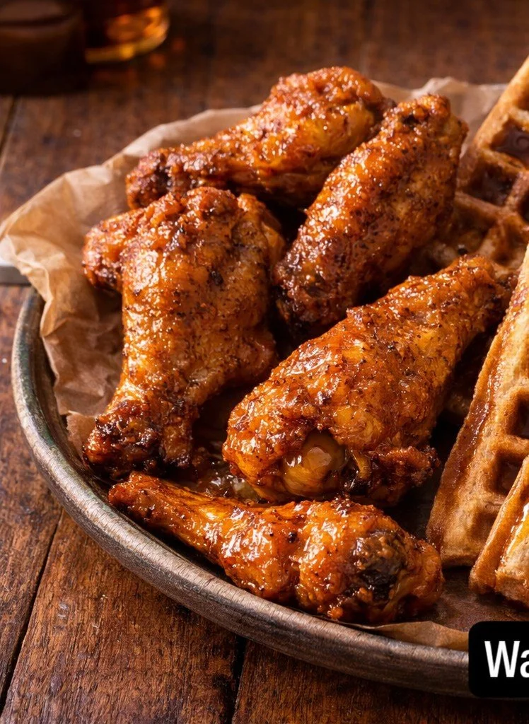 Close-up of a plate of glazed chicken wings and waffles on a wooden table.