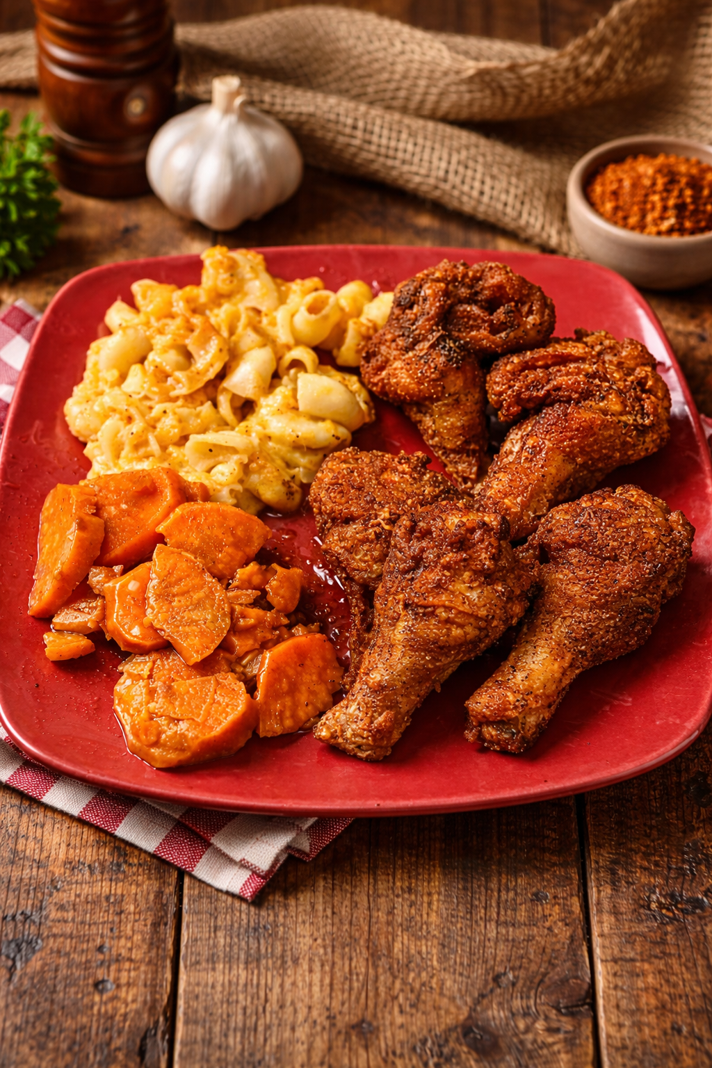 Plate of fried chicken, macaroni and cheese, and candied yams on a red plate.