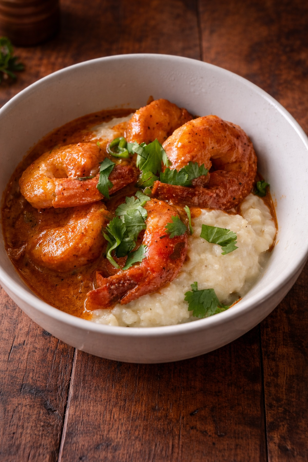 Shrimp and chicken curry served with creamy mashed potatoes, garnished with cilantro in a white bowl on a wooden table.