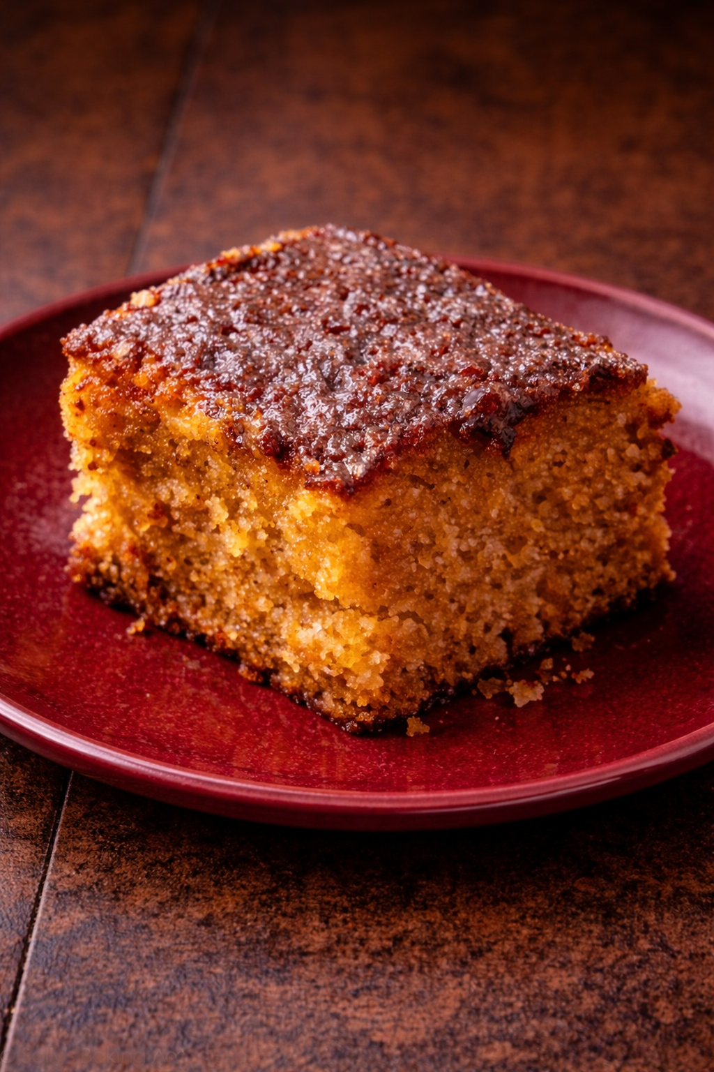 A square piece of cornbread with a sweet glaze on top, placed on a red plate.