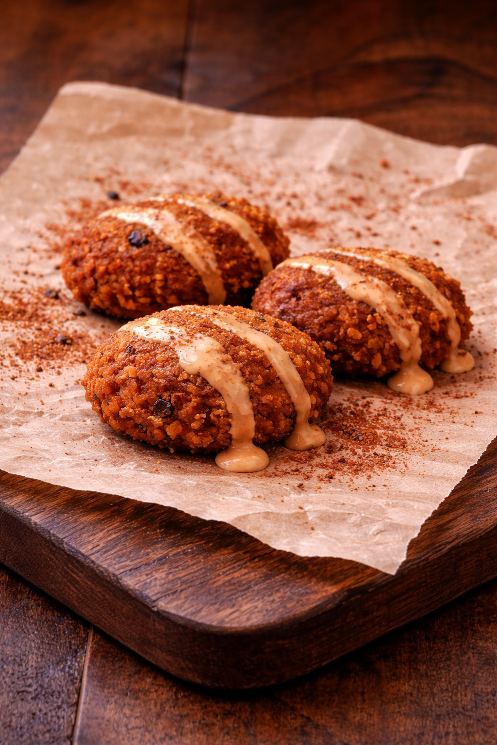 Three breaded and fried croquettes drizzled with a creamy sauce, on parchment paper with spice dusting, on a wooden serving board.