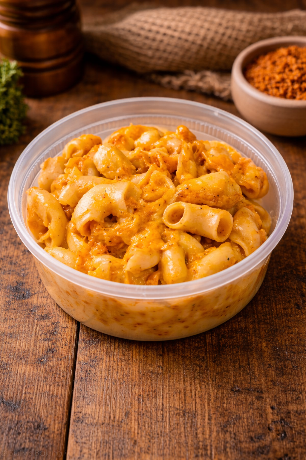 A plastic container filled with cooked pasta with cheese and sauce, placed on a wooden table.